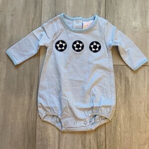 NWOT Stitchy Fish Blue & White Striped Soccer Ball Long Sleeve Bubble Romper 3M